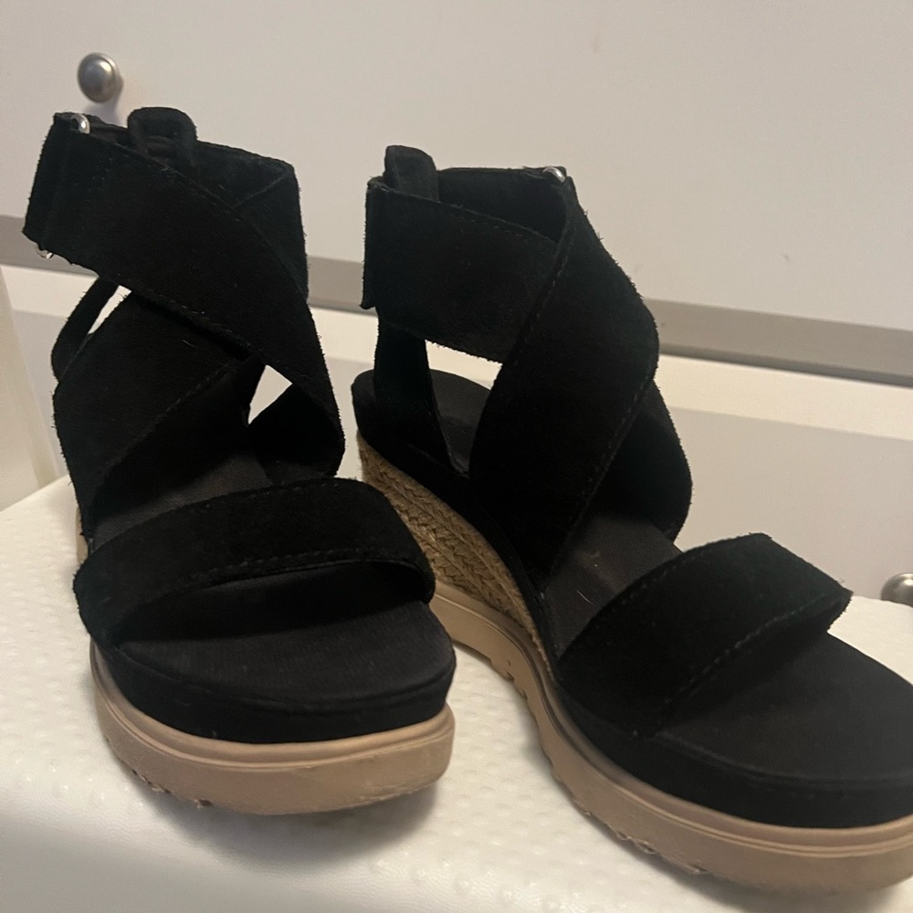 UGG Black Wedge Sandals with Tan Sole